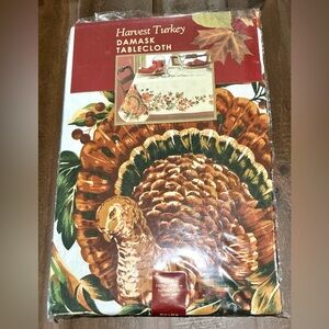 Autumn/Fall/Thanksgiving “Harvest Turkey” Damask Tablecloth. 52’ x 52” NIP. VTG